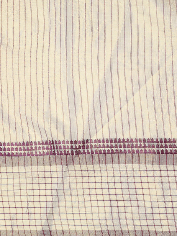 Golden Tissue Set Saree with Purple Stripes and Check Border