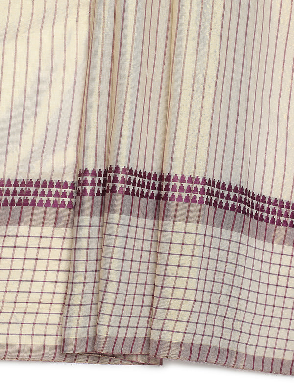 Golden Tissue Set Saree with Purple Stripes and Check Border