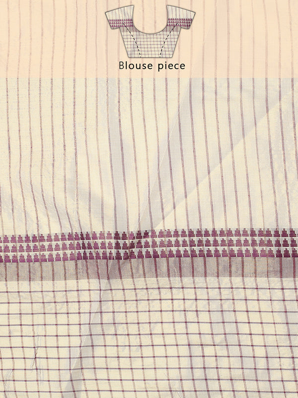 Golden Tissue Set Saree with Purple Stripes and Check Border