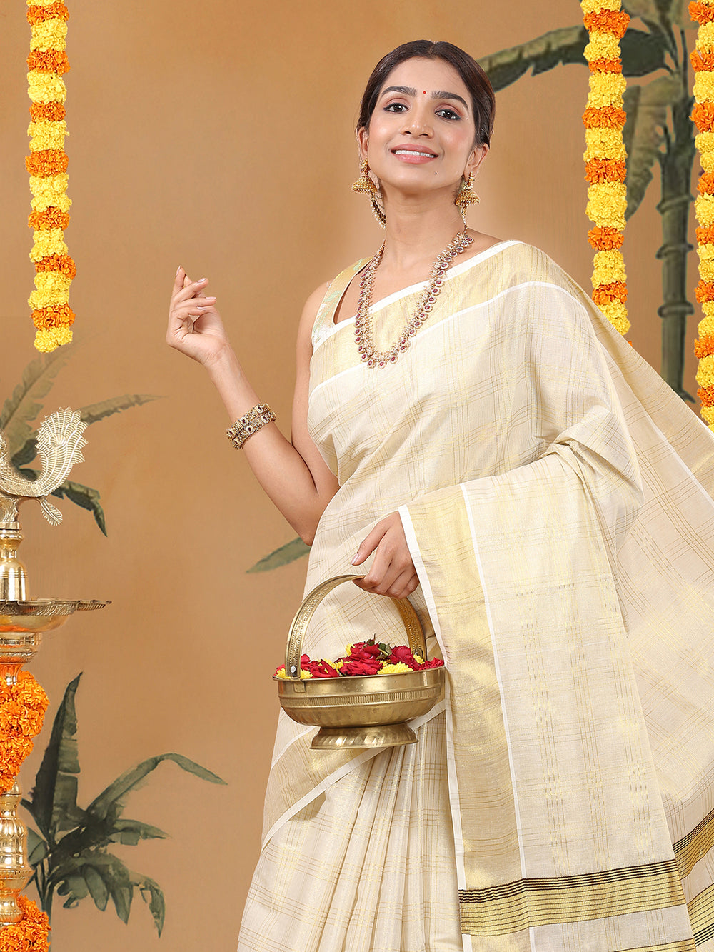 Golden Tissue Saree with Four-Lined Checks & Golden-Brown Striped Pallu Border