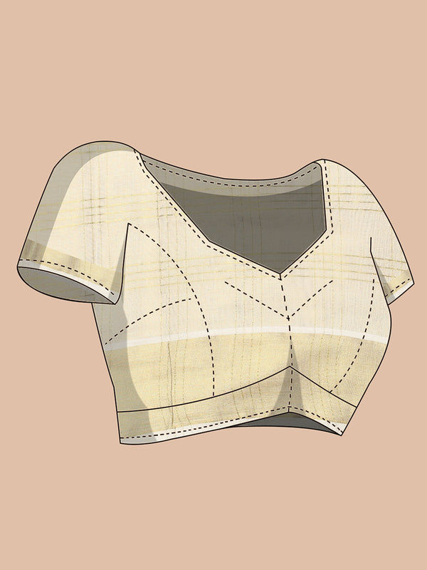 Golden Tissue Saree with Four-Lined Checks & Golden-Brown Striped Pallu Border
