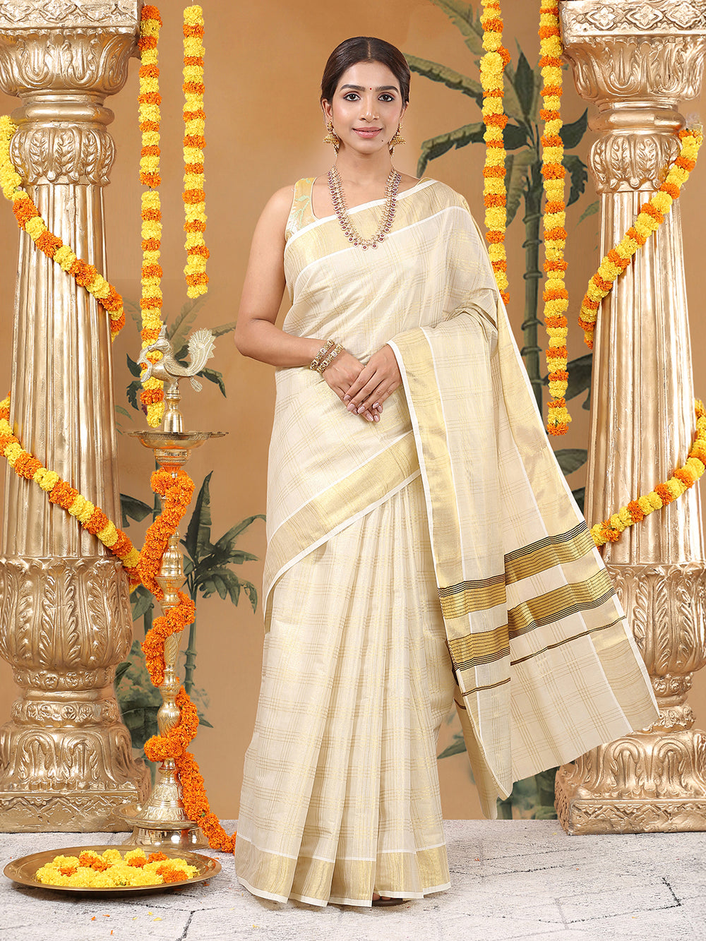 Golden Tissue Saree with Four-Lined Checks & Golden-Brown Striped Pallu Border