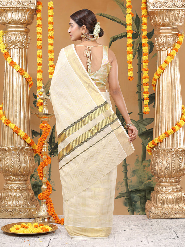 Golden Tissue Saree with Four-Lined Checks & Golden-Brown Striped Pallu Border