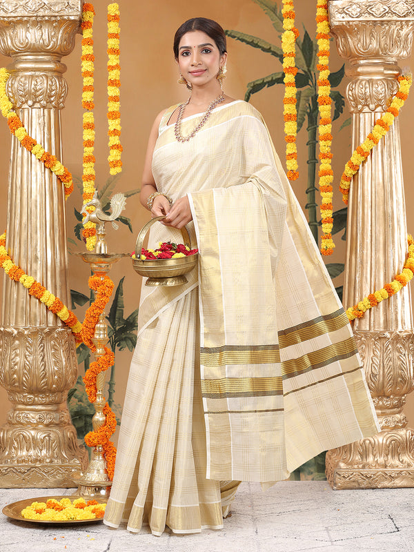 Golden Tissue Saree with Four-Lined Checks & Golden-Brown Striped Pallu Border