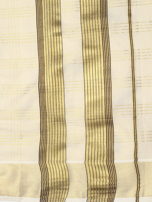 Golden Tissue Saree with Four-Lined Checks & Golden-Brown Striped Pallu Border