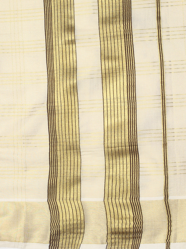 Golden Tissue Saree with Four-Lined Checks & Golden-Brown Striped Pallu Border