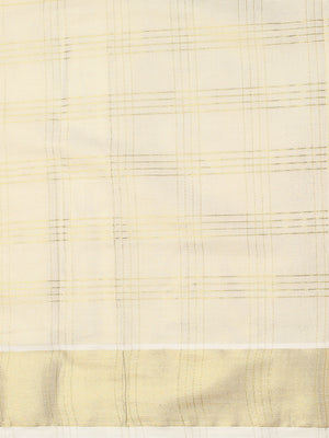 Golden Tissue Saree with Four-Lined Checks & Golden-Brown Striped Pallu Border