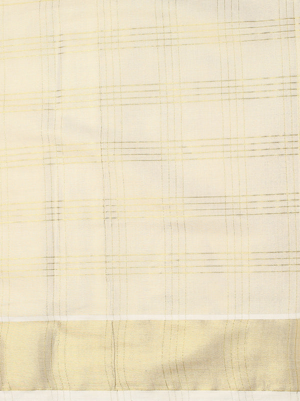 Golden Tissue Saree with Four-Lined Checks & Golden-Brown Striped Pallu Border