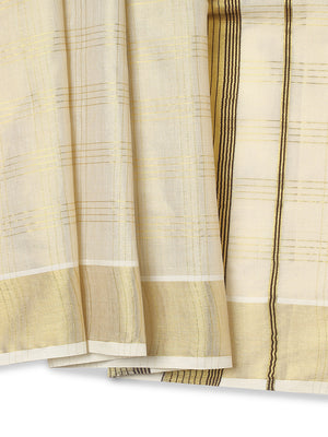 Golden Tissue Saree with Four-Lined Checks & Golden-Brown Striped Pallu Border