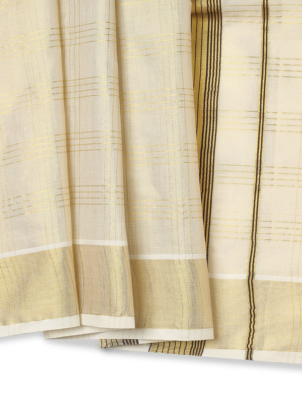 Golden Tissue Saree with Four-Lined Checks & Golden-Brown Striped Pallu Border