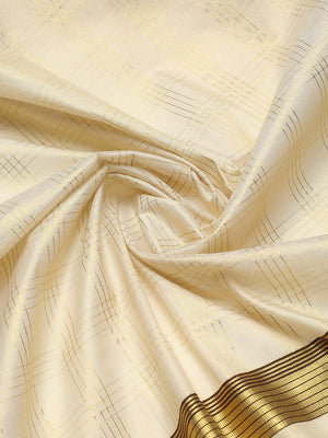 Golden Tissue Saree with Four-Lined Checks & Golden-Brown Striped Pallu Border