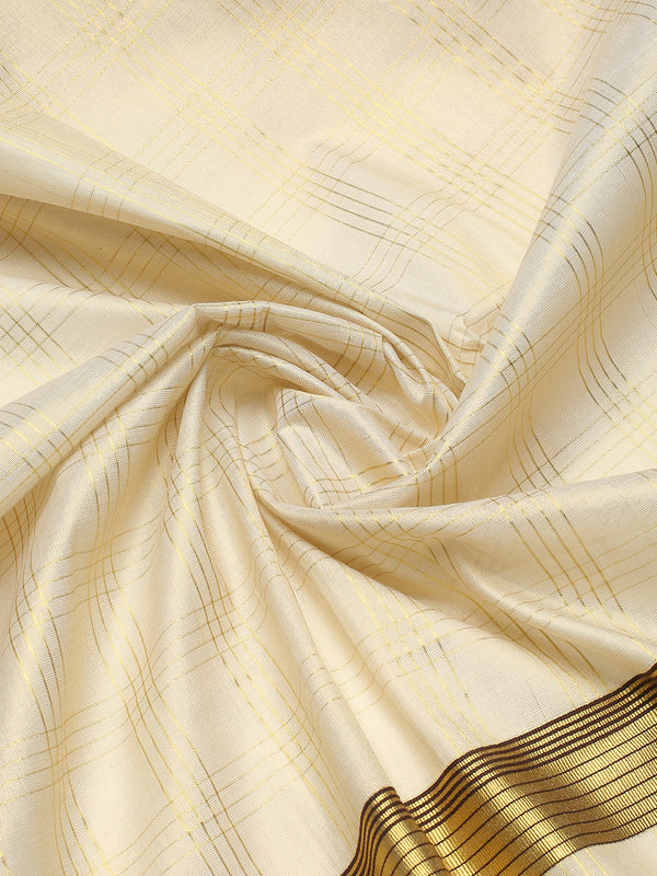 Golden Tissue Saree with Four-Lined Checks & Golden-Brown Striped Pallu Border