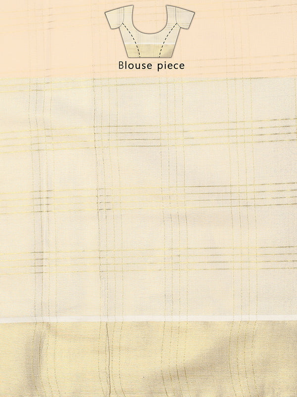 Golden Tissue Saree with Four-Lined Checks & Golden-Brown Striped Pallu Border