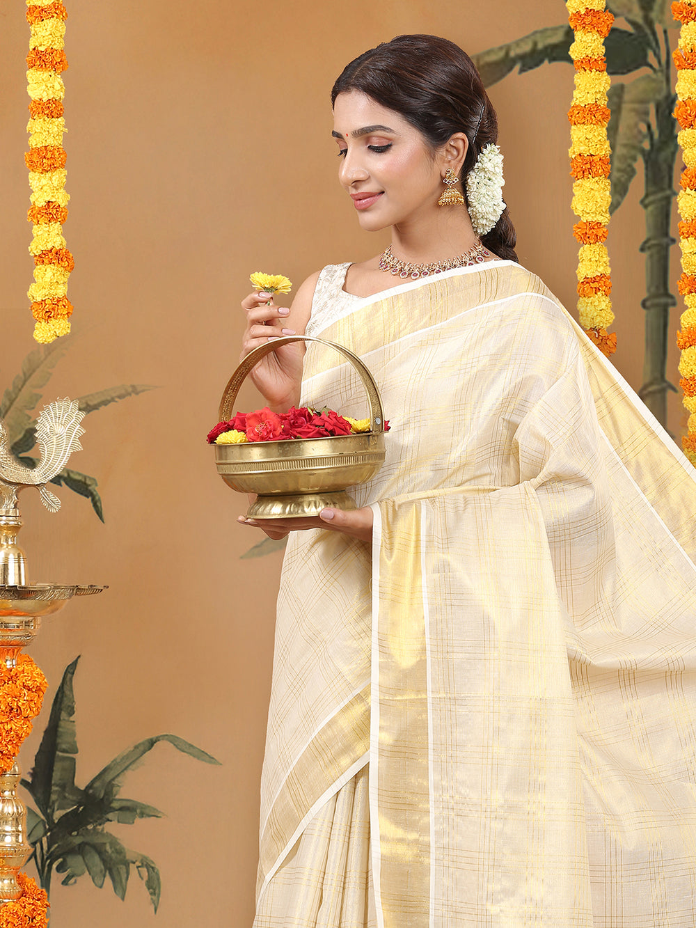 Golden Tissue Set Saree with Classic Four Lined Golden Check Design & Purple Accents Pallu