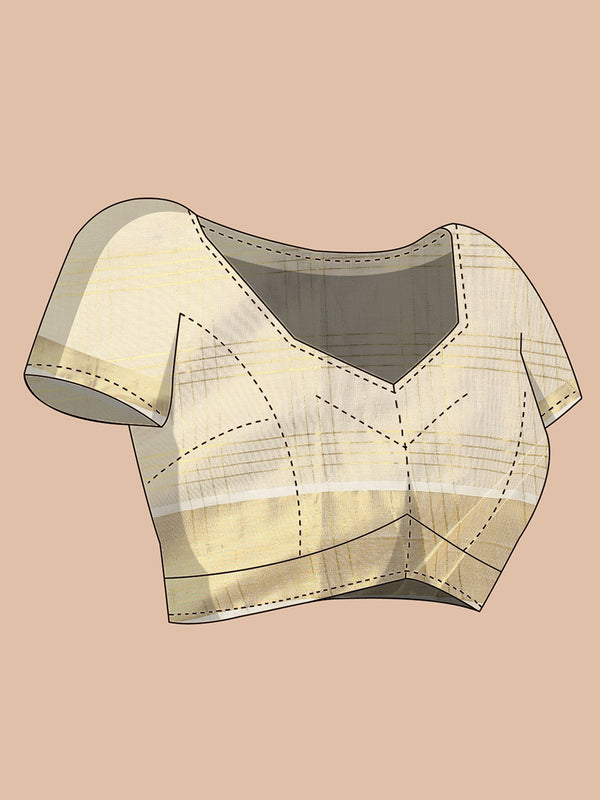 Golden Tissue Set Saree with Classic Four Lined Golden Check Design & Purple Accents Pallu