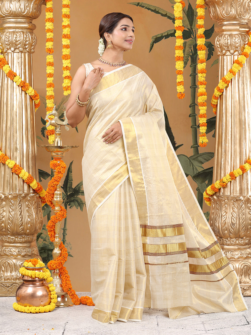 Golden Tissue Set Saree with Classic Four Lined Golden Check Design & Purple Accents Pallu