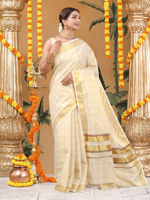 Golden Tissue Set Saree with Classic Four Lined Golden Check Design & Purple Accents Pallu