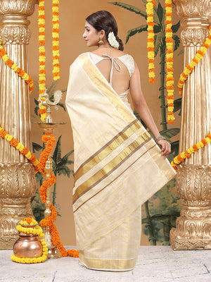 Golden Tissue Set Saree with Classic Four Lined Golden Check Design & Purple Accents Pallu