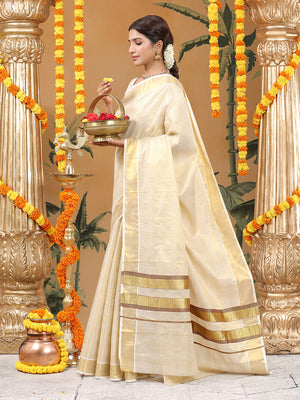Golden Tissue Set Saree with Classic Four Lined Golden Check Design & Purple Accents Pallu