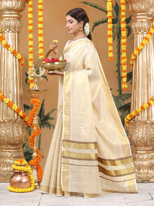 Golden Tissue Set Saree with Classic Four Lined Golden Check Design & Purple Accents Pallu