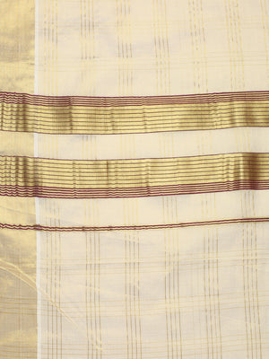 Golden Tissue Set Saree with Classic Four Lined Golden Check Design & Purple Accents Pallu