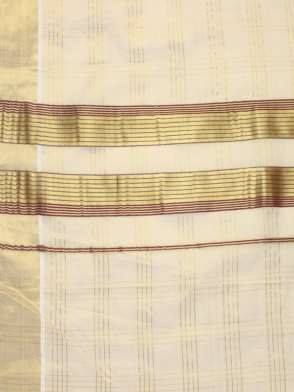 Golden Tissue Set Saree with Classic Four Lined Golden Check Design & Purple Accents Pallu