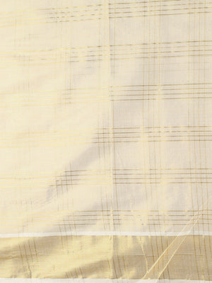 Golden Tissue Set Saree with Classic Four Lined Golden Check Design & Purple Accents Pallu