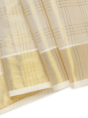 Golden Tissue Set Saree with Classic Four Lined Golden Check Design & Purple Accents Pallu