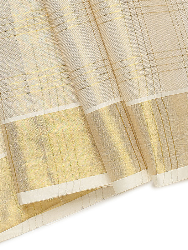 Golden Tissue Set Saree with Classic Four Lined Golden Check Design & Purple Accents Pallu