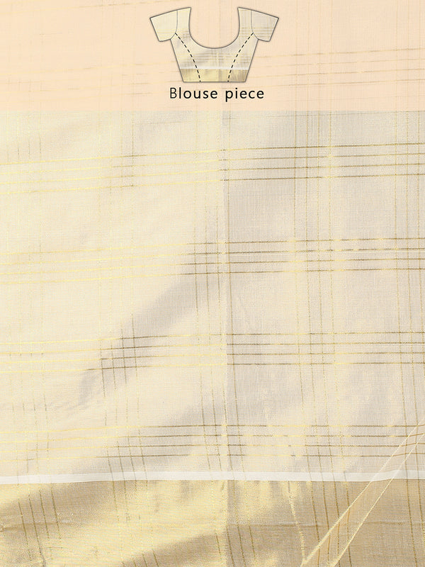 Golden Tissue Set Saree with Classic Four Lined Golden Check Design & Purple Accents Pallu