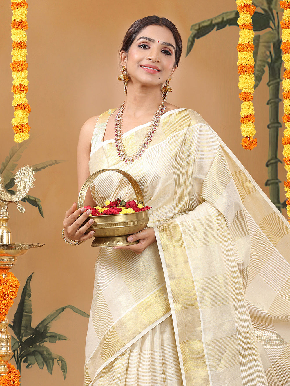 Golden Tissue Set Saree with Green Kasavu Pallu & Alternating Stripes & Checks