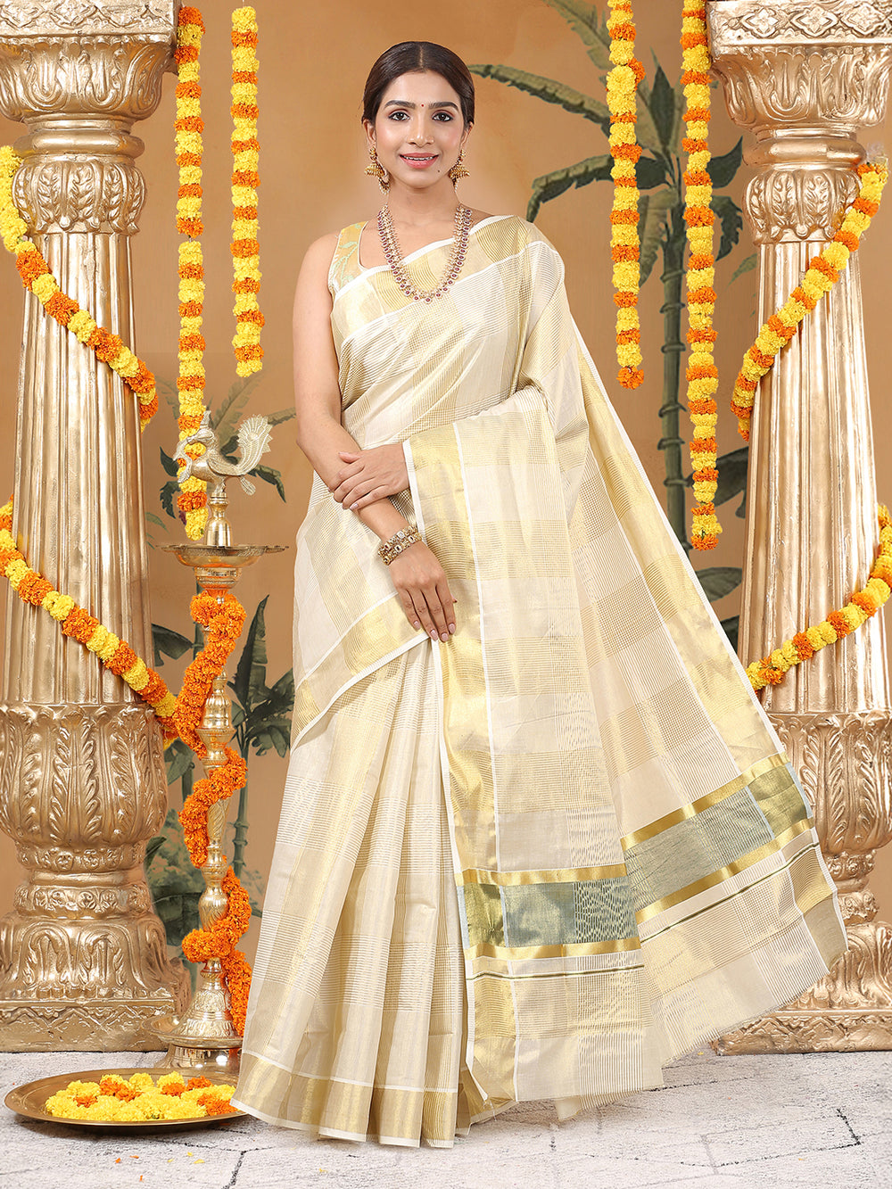 Golden Tissue Set Saree with Green Kasavu Pallu & Alternating Stripes & Checks