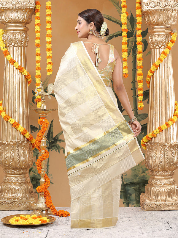 Golden Tissue Set Saree with Green Kasavu Pallu & Alternating Stripes & Checks