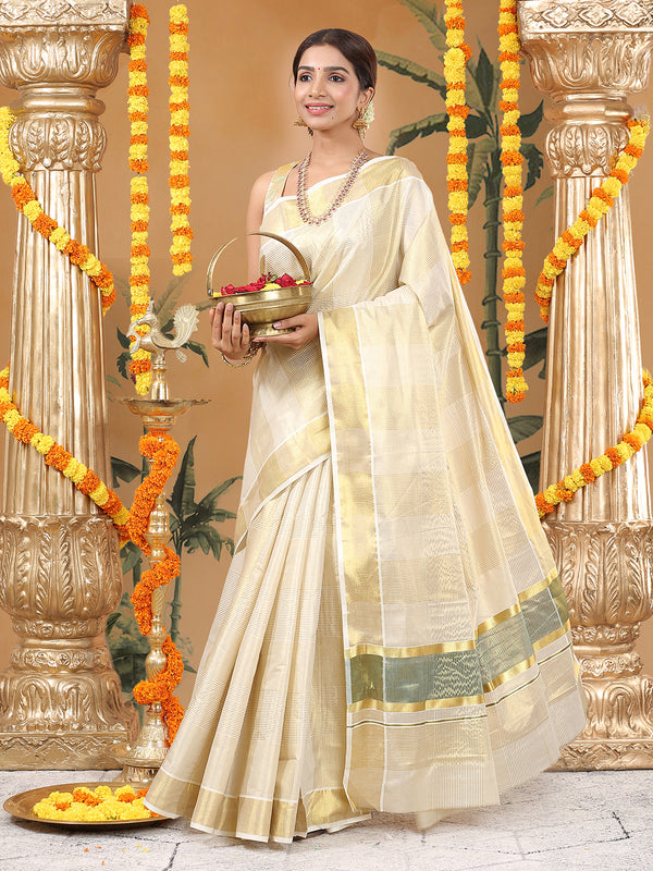 Golden Tissue Set Saree with Green Kasavu Pallu & Alternating Stripes & Checks