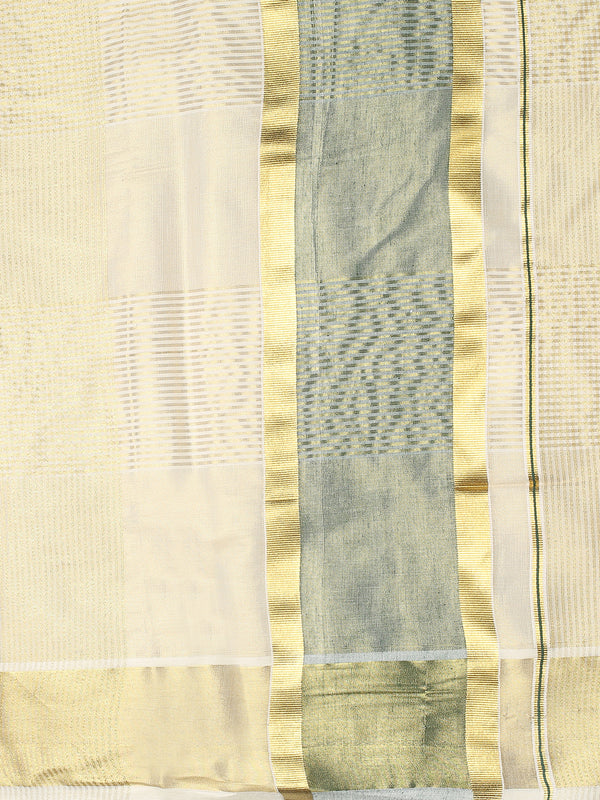 Golden Tissue Set Saree with Green Kasavu Pallu & Alternating Stripes & Checks