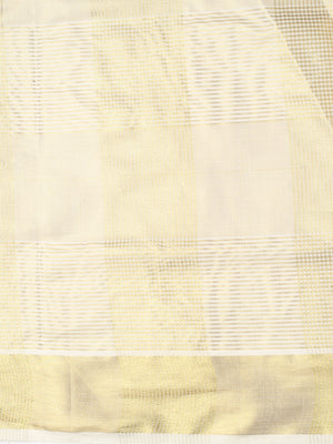 Golden Tissue Set Saree with Green Kasavu Pallu & Alternating Stripes & Checks