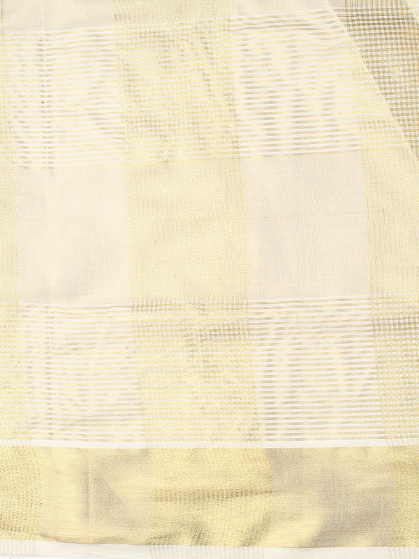 Golden Tissue Set Saree with Green Kasavu Pallu & Alternating Stripes & Checks