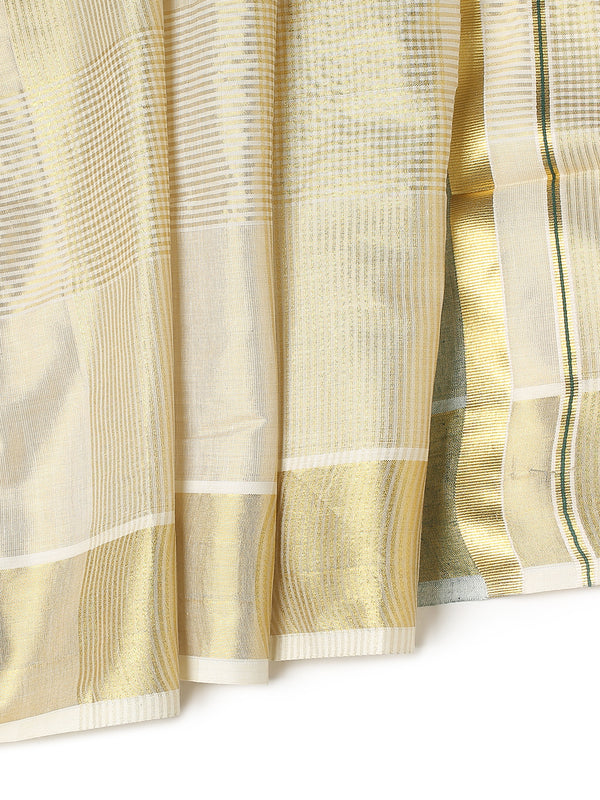 Golden Tissue Set Saree with Green Kasavu Pallu & Alternating Stripes & Checks