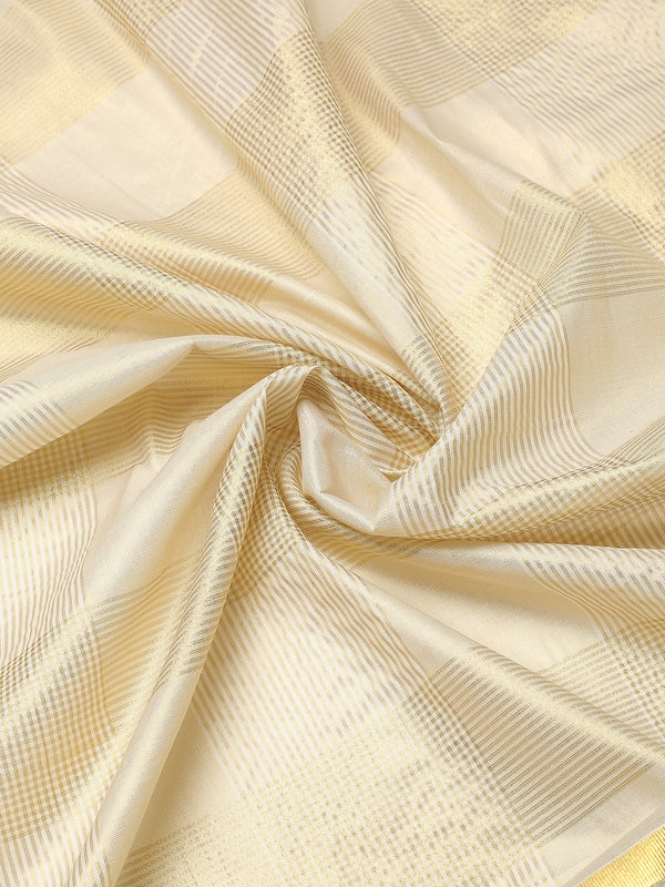 Golden Tissue Set Saree with Green Kasavu Pallu & Alternating Stripes & Checks