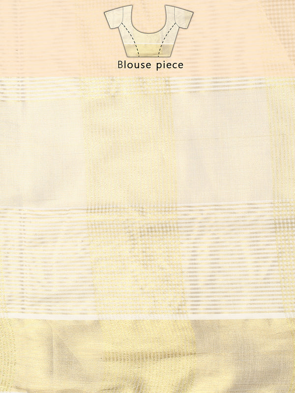 Golden Tissue Set Saree with Green Kasavu Pallu & Alternating Stripes & Checks