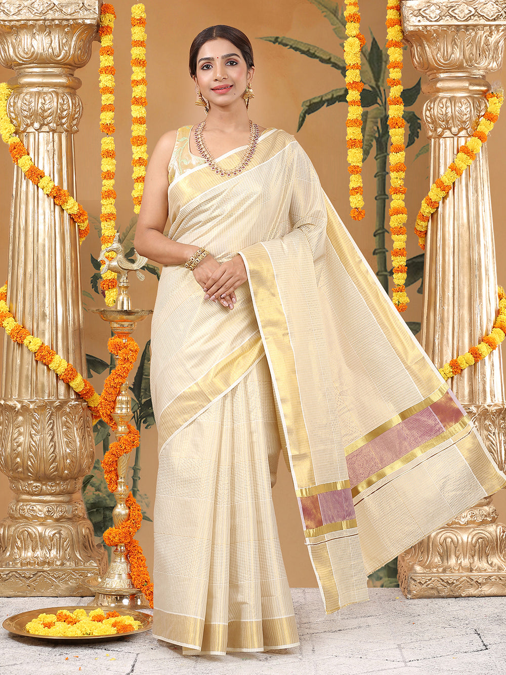 Golden Tissue Set Saree with Wine Kasavu Pallu & Alternating Stripes & Checks