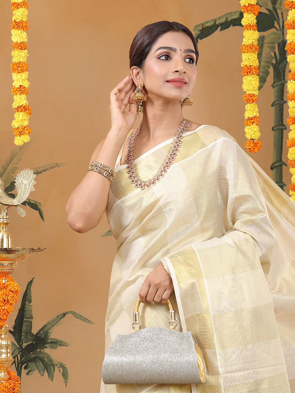 Golden Tissue Set Saree with Ash Kasavu Pallu & Alternating Stripes & Checks