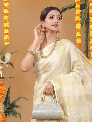 Golden Tissue Set Saree with Ash Kasavu Pallu & Alternating Stripes & Checks