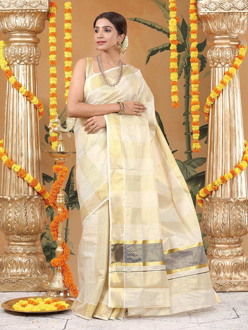 Golden Tissue Set Saree with Ash Kasavu Pallu & Alternating Stripes & Checks