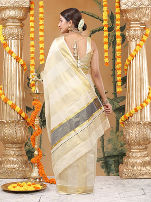 Golden Tissue Set Saree with Ash Kasavu Pallu & Alternating Stripes & Checks