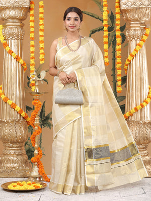 Golden Tissue Set Saree with Ash Kasavu Pallu & Alternating Stripes & Checks