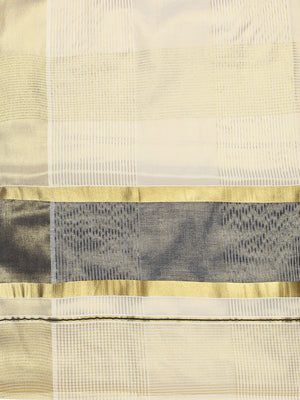 Golden Tissue Set Saree with Ash Kasavu Pallu & Alternating Stripes & Checks