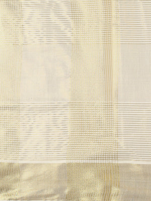Golden Tissue Set Saree with Ash Kasavu Pallu & Alternating Stripes & Checks
