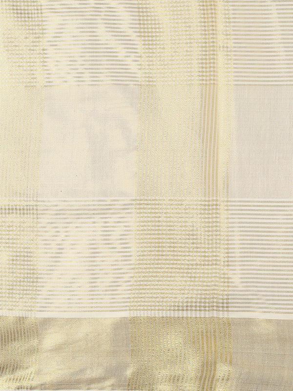 Golden Tissue Set Saree with Ash Kasavu Pallu & Alternating Stripes & Checks