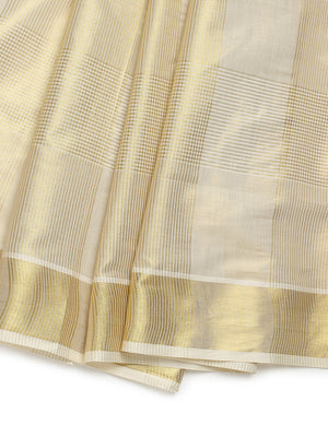 Golden Tissue Set Saree with Ash Kasavu Pallu & Alternating Stripes & Checks